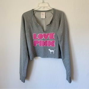 pink victoria’s secret cropped logo lettering long sleeve top (size large) *gray
